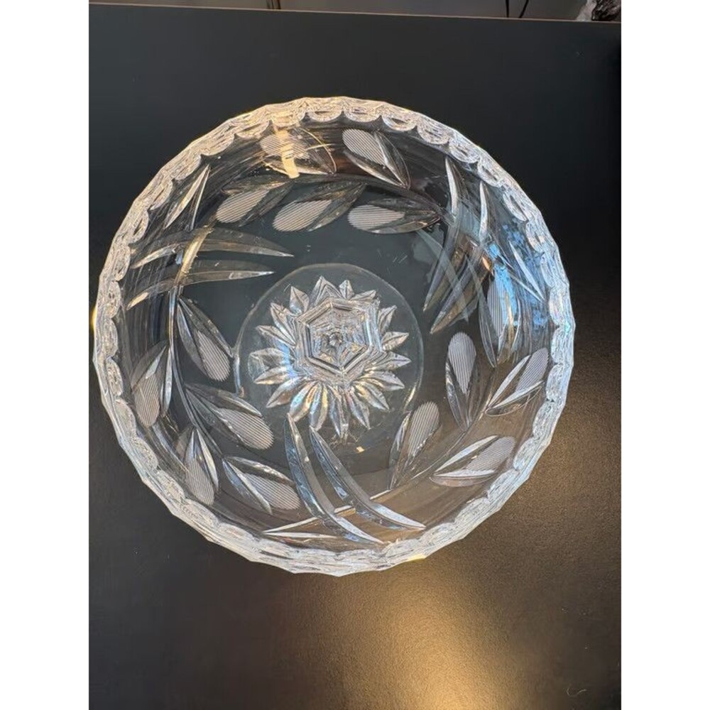 Cut Crystal Bowl Frosted Grape Floral Intaglio Scalloped Rim Heavy Glass Vintage